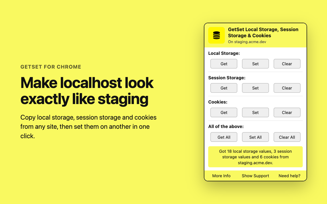 The GetSet popup on a staging site, with Get, Set and Clear buttons for local storage, session storage and cookies.